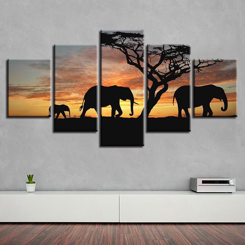 Elephants 5 Piece HD Multi Panel Canvas Wall Art Frame-Original Frame