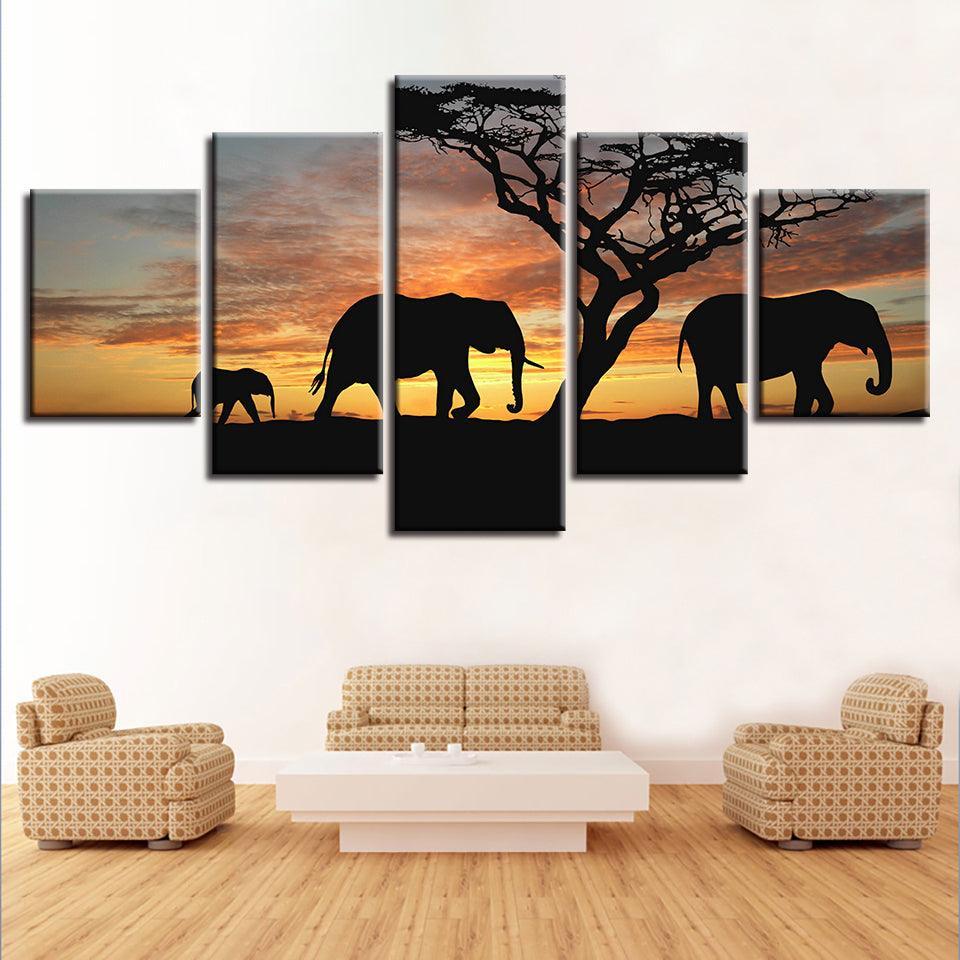 Elephants 5 Piece HD Multi Panel Canvas Wall Art Frame-Original Frame