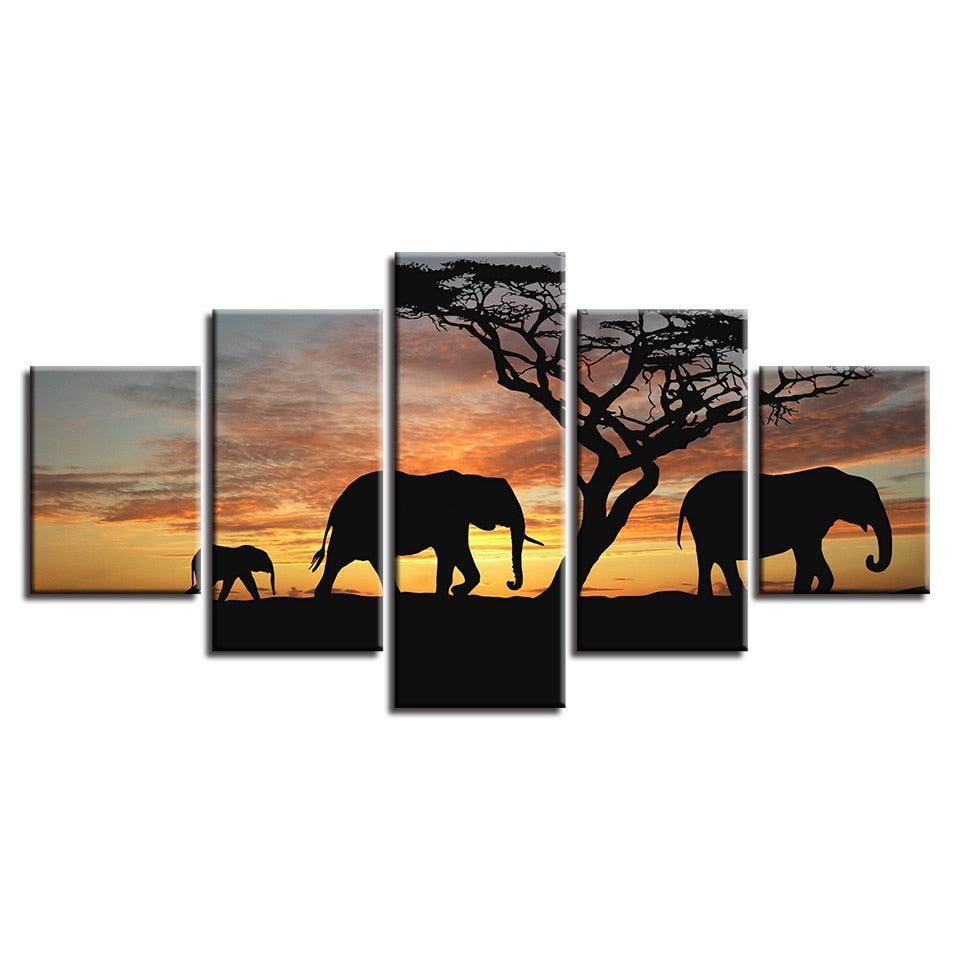 Elephants 5 Piece HD Multi Panel Canvas Wall Art Frame-Original Frame