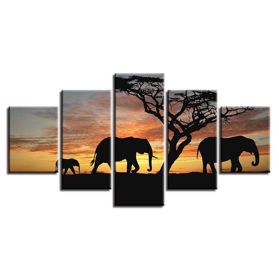 Elephants 5 Piece HD Multi Panel Canvas Wall Art Frame-Original Frame