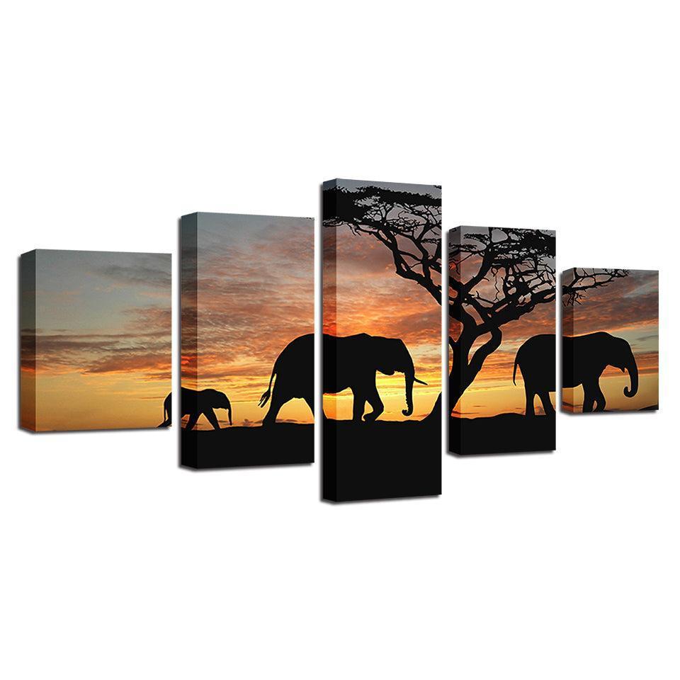 Elephants 5 Piece HD Multi Panel Canvas Wall Art Frame-Original Frame