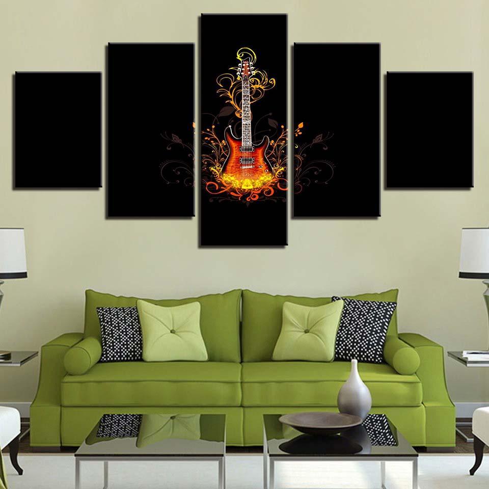 Guitar On Fire 5 Piece HD Multi Panel Canvas Wall Art-Original Frame