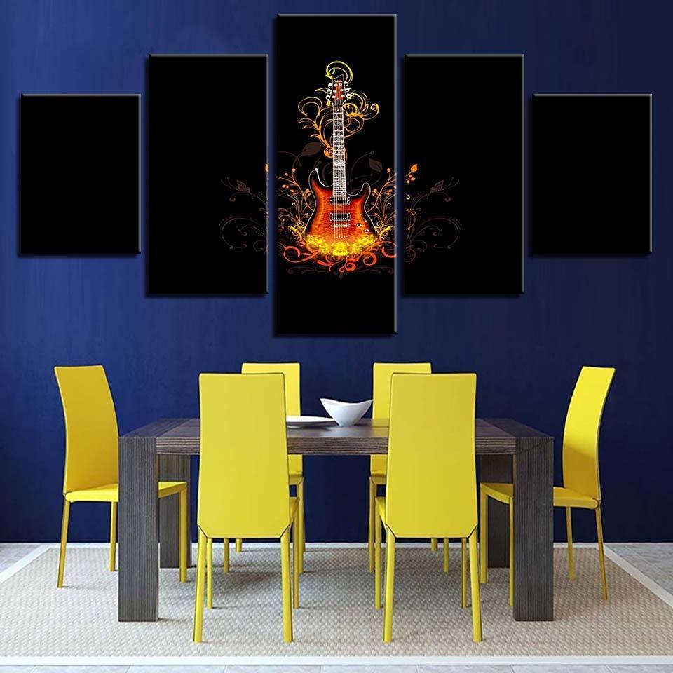 Guitar On Fire 5 Piece HD Multi Panel Canvas Wall Art-Original Frame