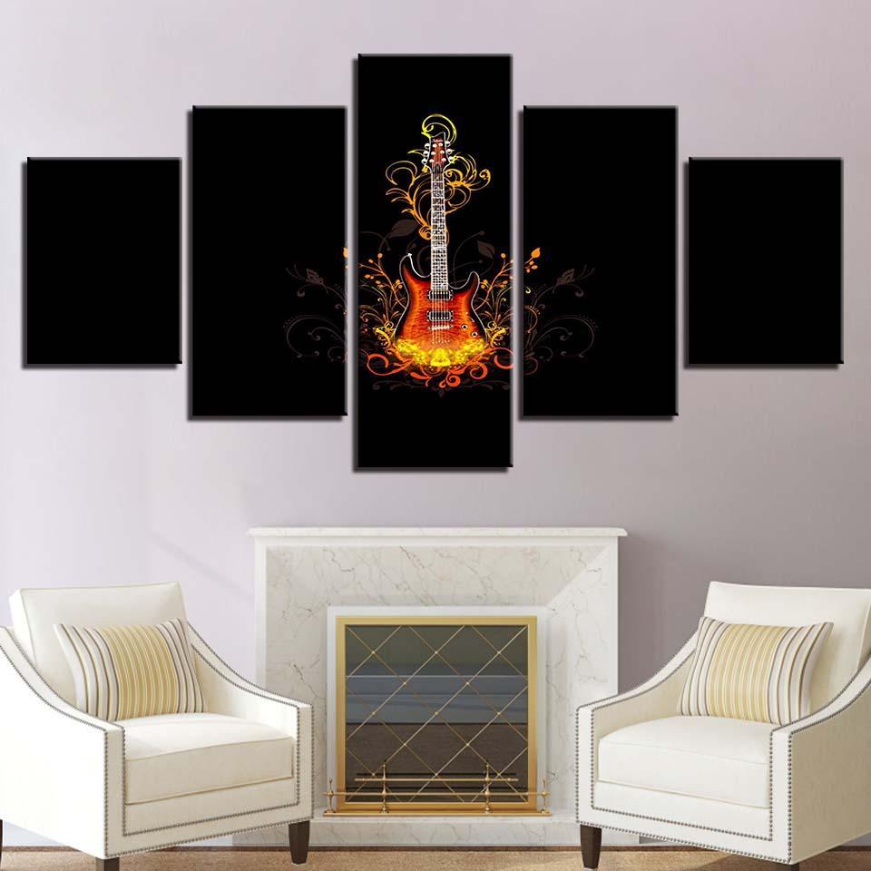 Guitar On Fire 5 Piece HD Multi Panel Canvas Wall Art-Original Frame