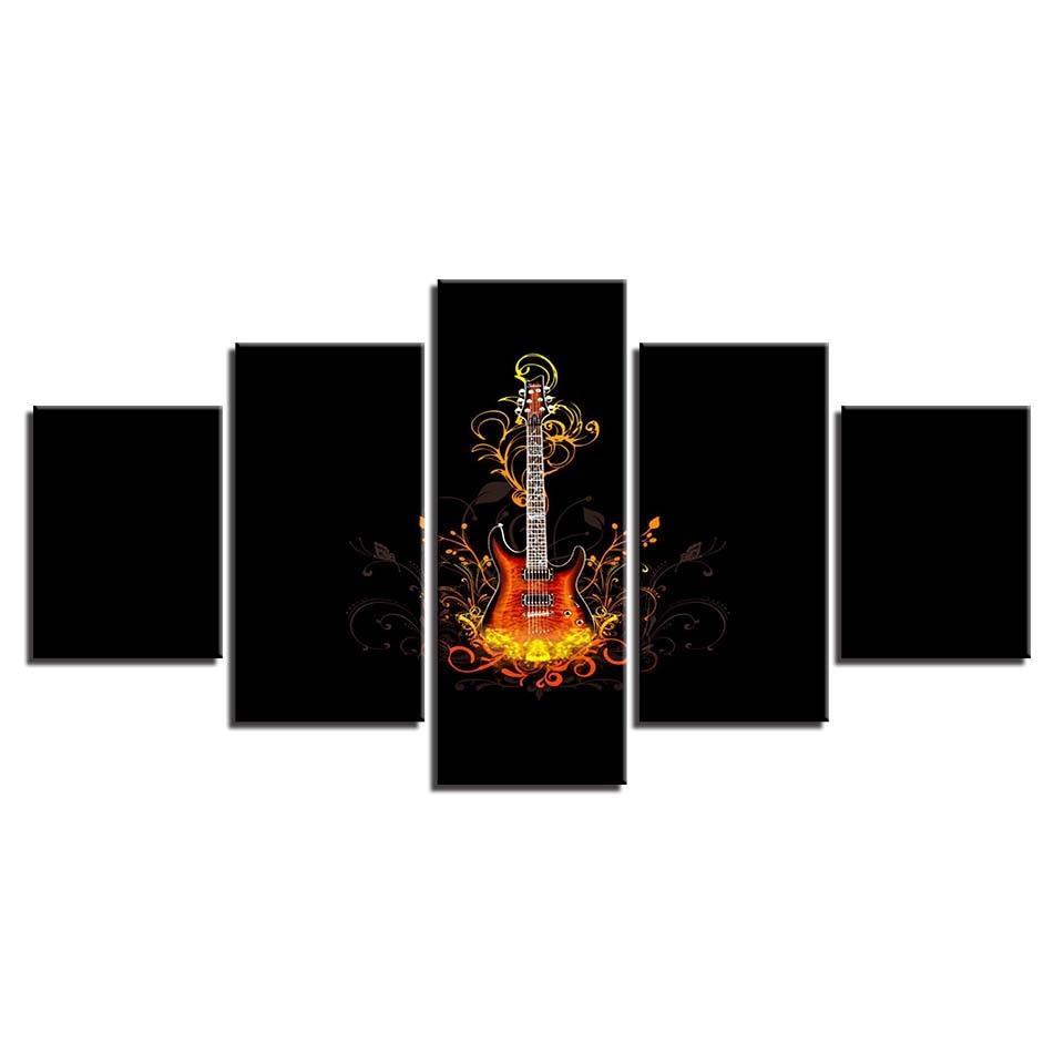 Guitar On Fire 5 Piece HD Multi Panel Canvas Wall Art-Original Frame