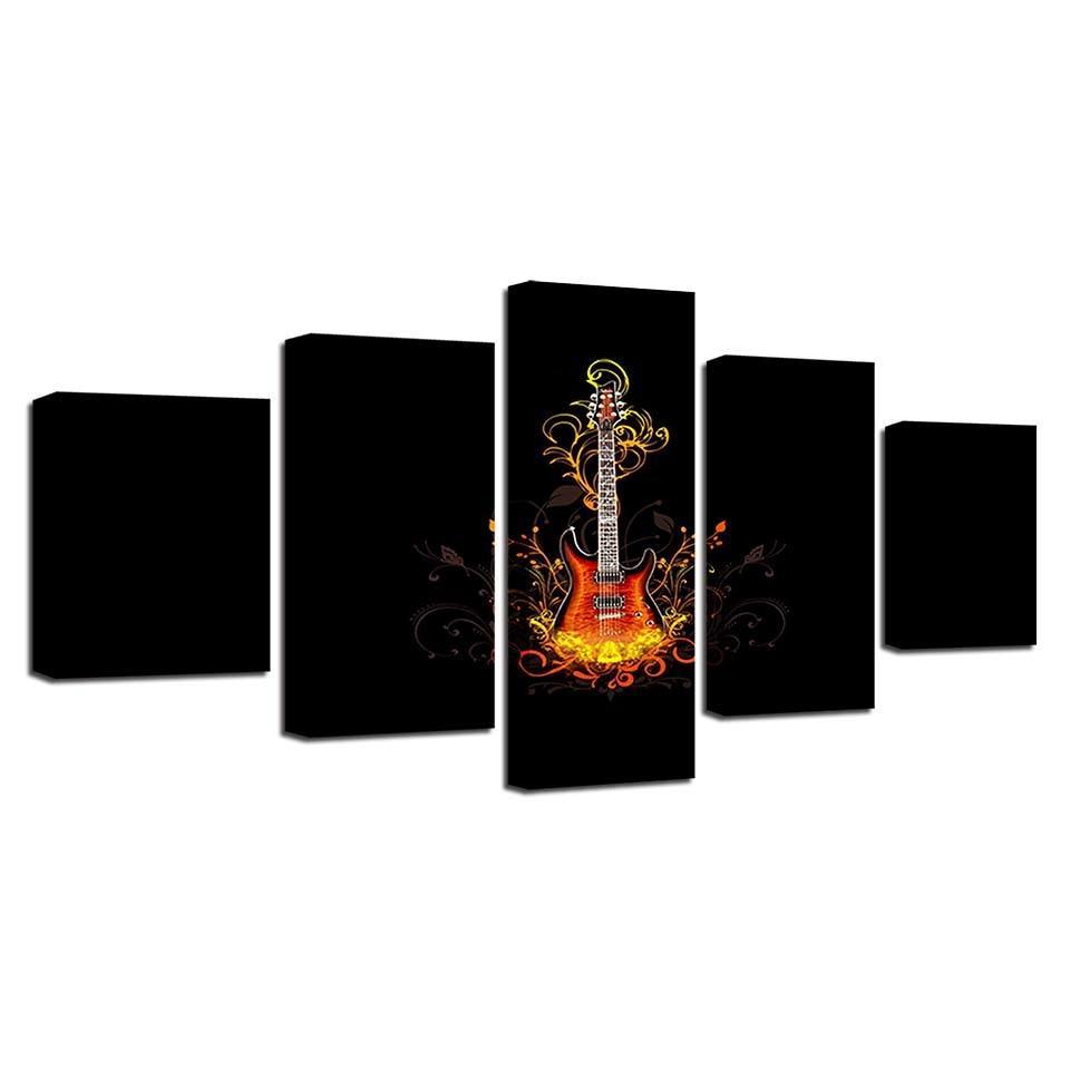 Guitar On Fire 5 Piece HD Multi Panel Canvas Wall Art-Original Frame