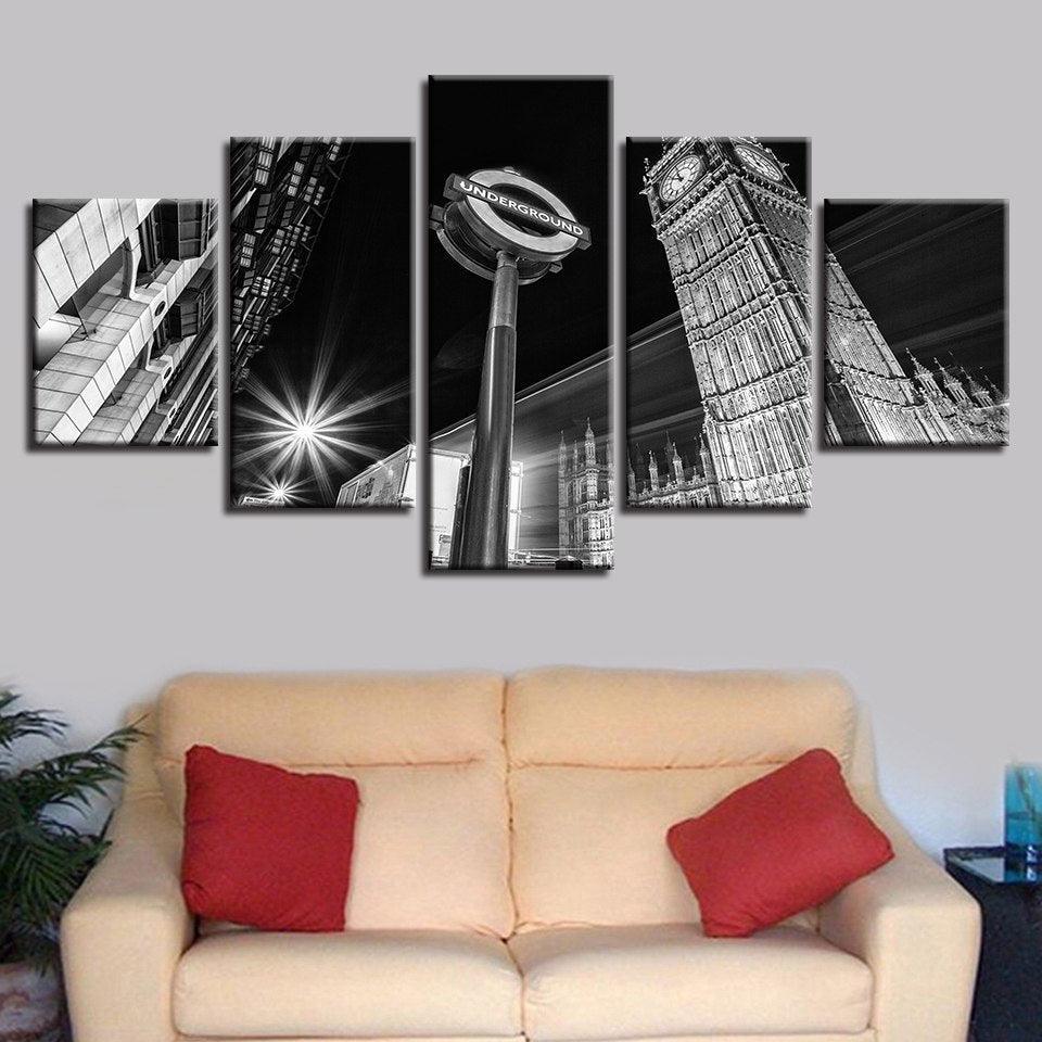 Big Ben B&W 5 Piece HD Multi Panel Canvas Wall Art Frame-Original Frame