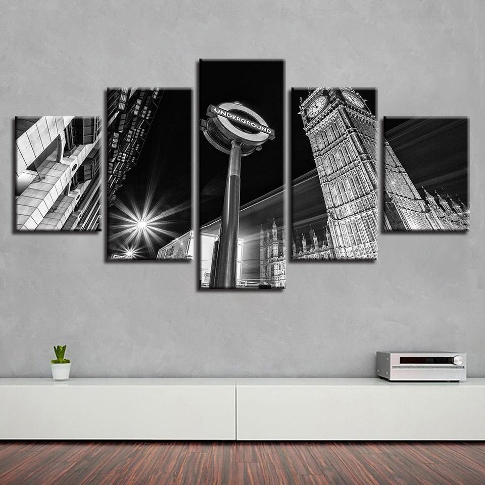 Big Ben B&W 5 Piece HD Multi Panel Canvas Wall Art Frame-Original Frame