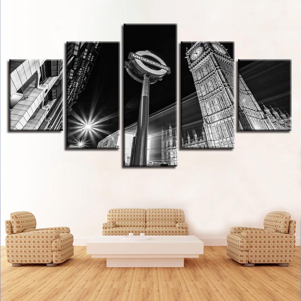Big Ben B&W 5 Piece HD Multi Panel Canvas Wall Art Frame-Original Frame