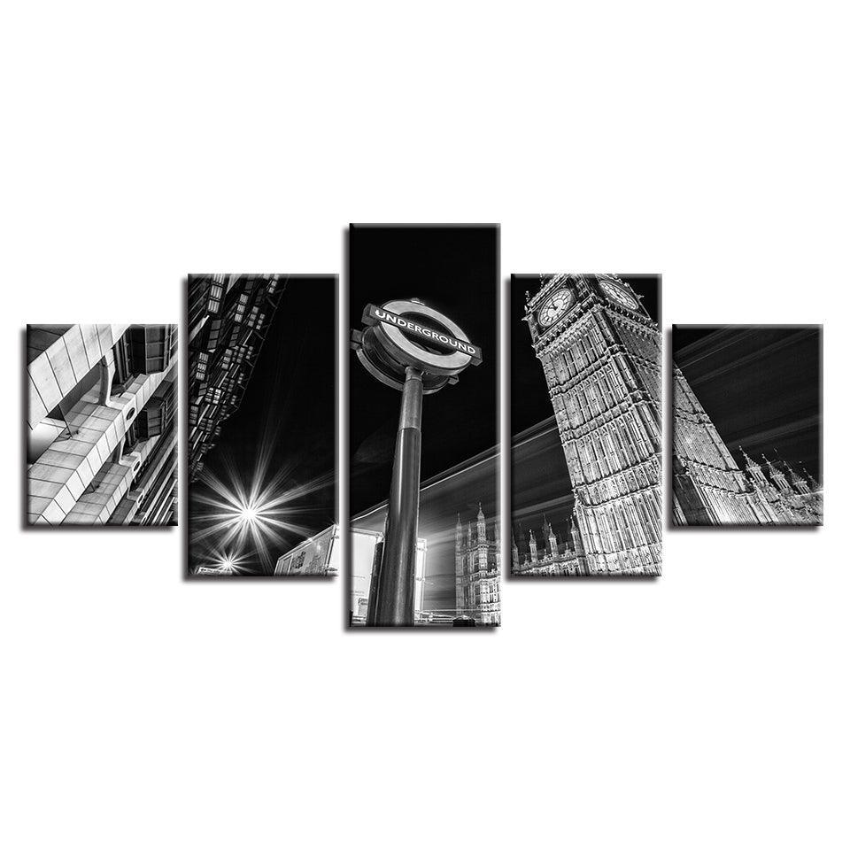 Big Ben B&W 5 Piece HD Multi Panel Canvas Wall Art Frame-Original Frame