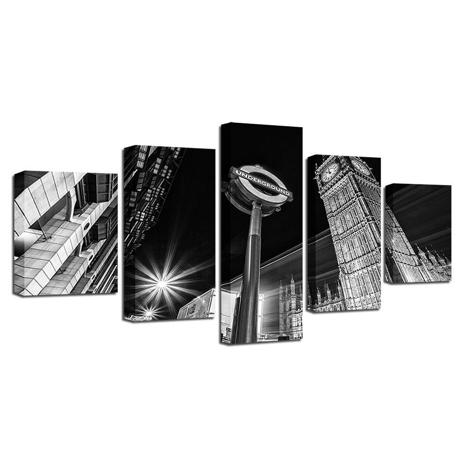 Big Ben B&W 5 Piece HD Multi Panel Canvas Wall Art Frame-Original Frame