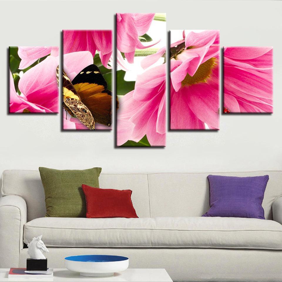 Flowers And Butterfly 5 Piece HD Multi Panel Canvas Wall Art Frame-Original Frame