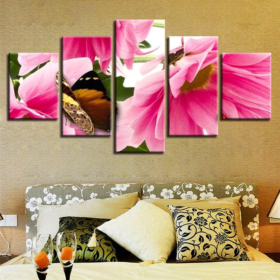 Flowers And Butterfly 5 Piece HD Multi Panel Canvas Wall Art Frame-Original Frame