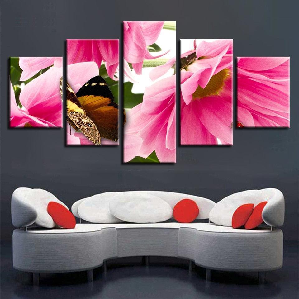 Flowers And Butterfly 5 Piece HD Multi Panel Canvas Wall Art Frame-Original Frame