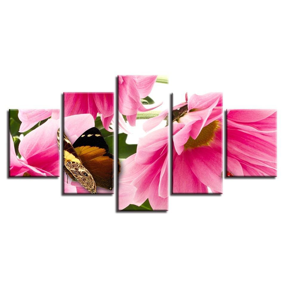 Flowers And Butterfly 5 Piece HD Multi Panel Canvas Wall Art Frame-Original Frame