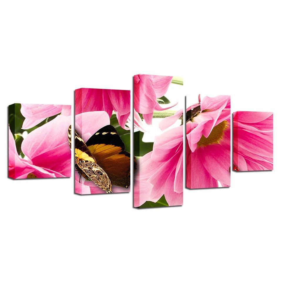 Flowers And Butterfly 5 Piece HD Multi Panel Canvas Wall Art Frame-Original Frame