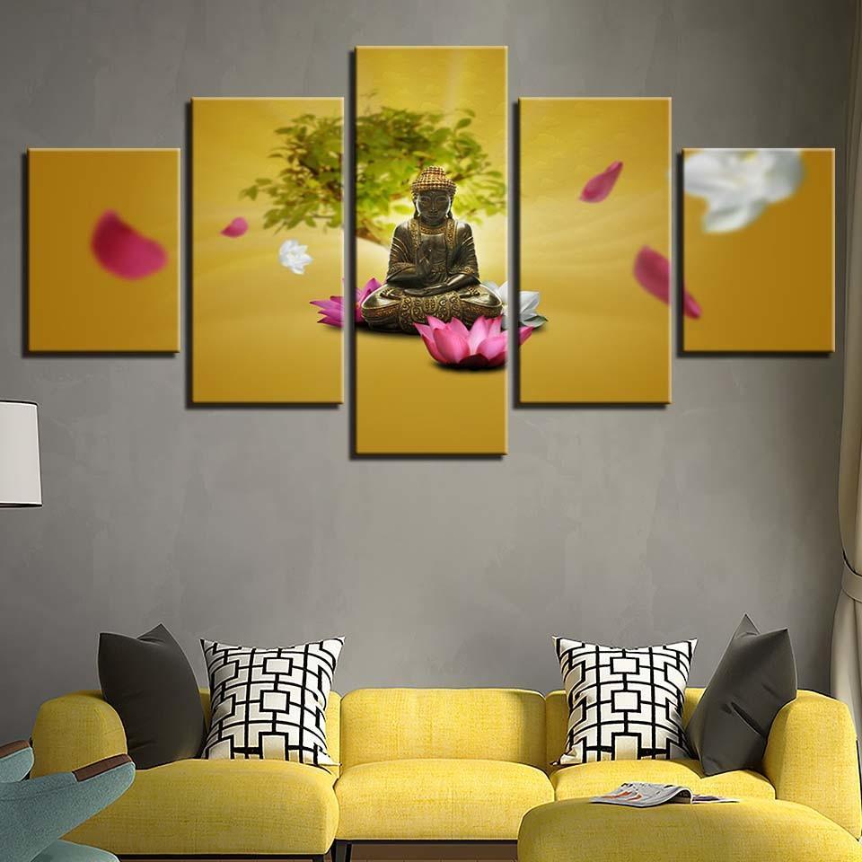 Buddha Meditating 5 Piece HD Multi Panel Canvas Wall Art Frame-Original Frame