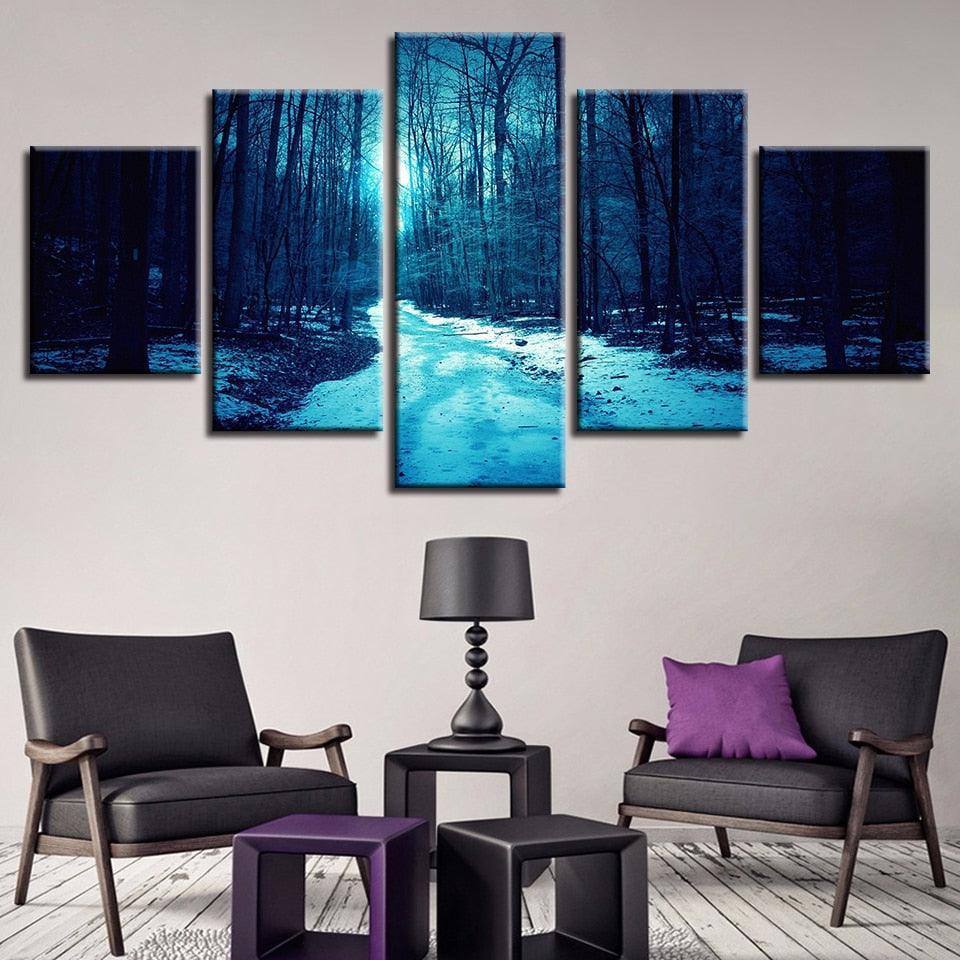 Winter Forest Paths 5 Piece HD Multi Panel Canvas Wall Art Frame-Original Frame