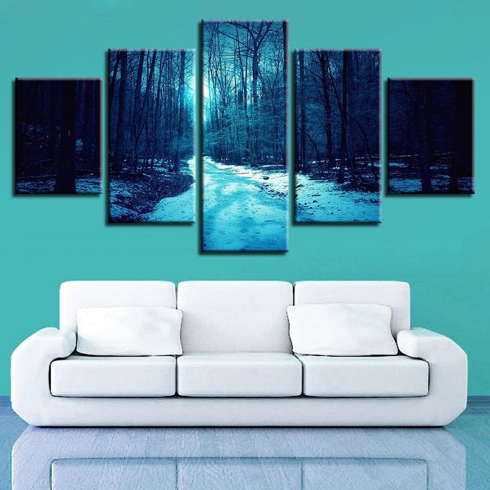 Winter Forest Paths 5 Piece HD Multi Panel Canvas Wall Art Frame-Original Frame