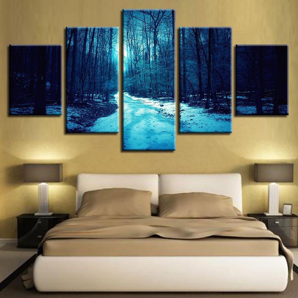Winter Forest Paths 5 Piece HD Multi Panel Canvas Wall Art Frame-Original Frame