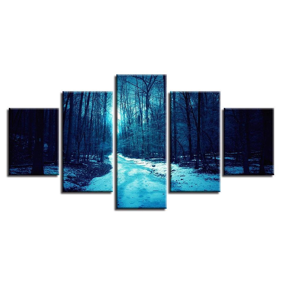 Winter Forest Paths 5 Piece HD Multi Panel Canvas Wall Art Frame-Original Frame