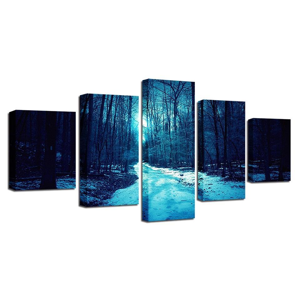 Winter Forest Paths 5 Piece HD Multi Panel Canvas Wall Art Frame-Original Frame
