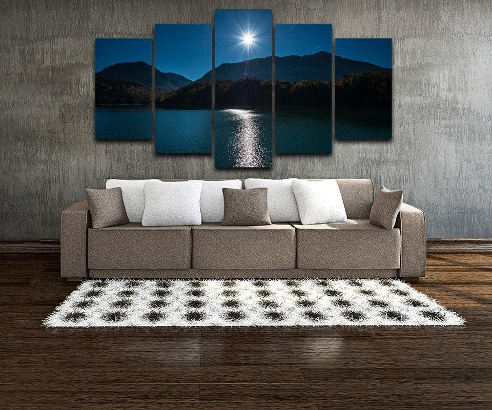 Mountain Moon Sky 5 Piece HD Multi Panel Canvas Wall Art Frame-Original Frame