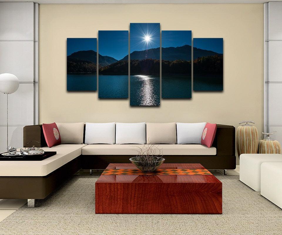Mountain Moon Sky 5 Piece HD Multi Panel Canvas Wall Art Frame-Original Frame