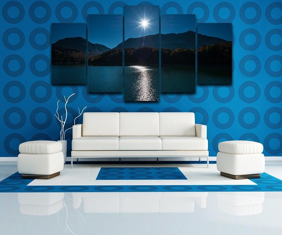Mountain Moon Sky 5 Piece HD Multi Panel Canvas Wall Art Frame-Original Frame