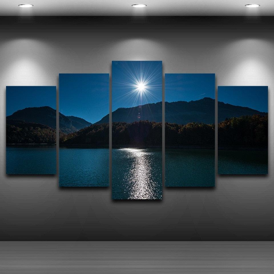 Mountain Moon Sky 5 Piece HD Multi Panel Canvas Wall Art Frame-Original Frame