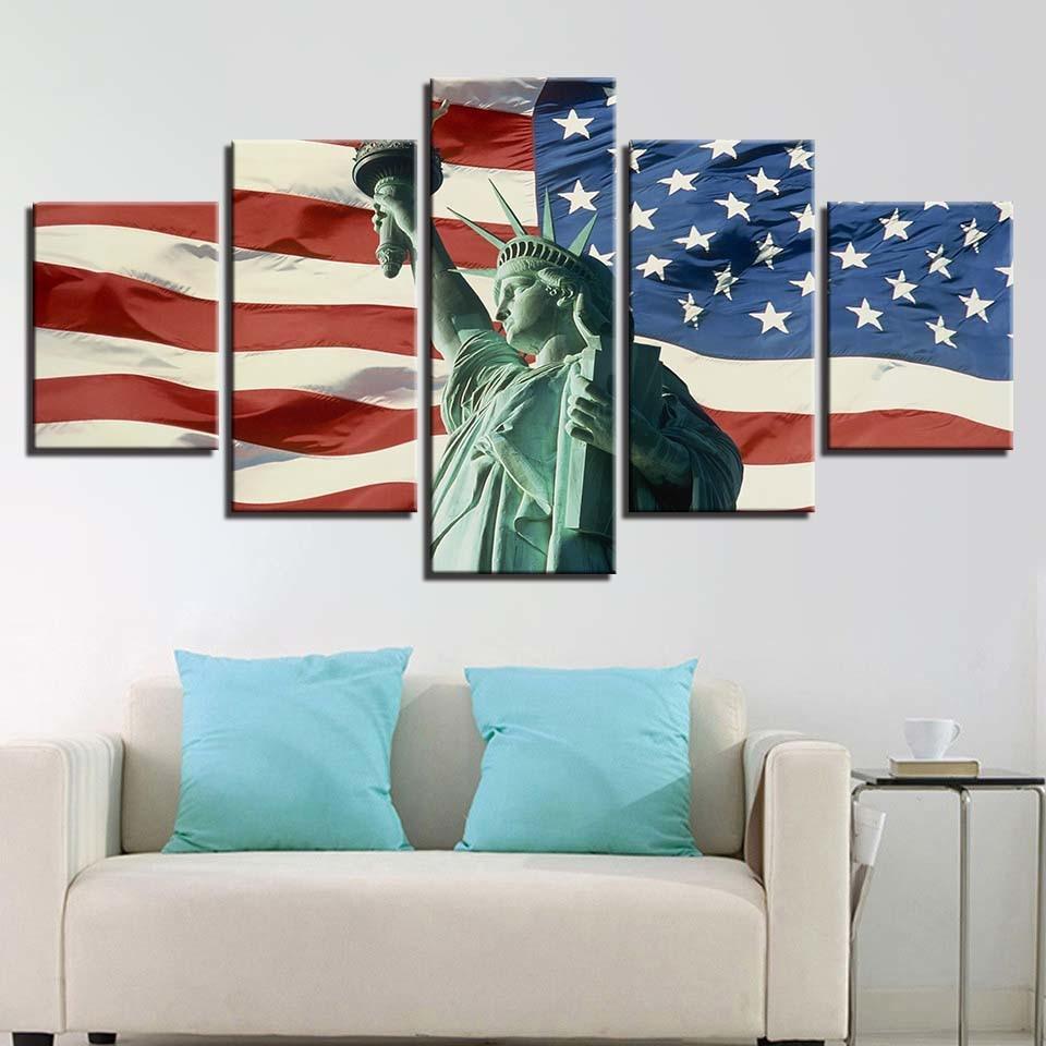 American Flag & Statue of Liberty 5 Piece HD Multi Panel Canvas Wall Art Frame-Original Frame
