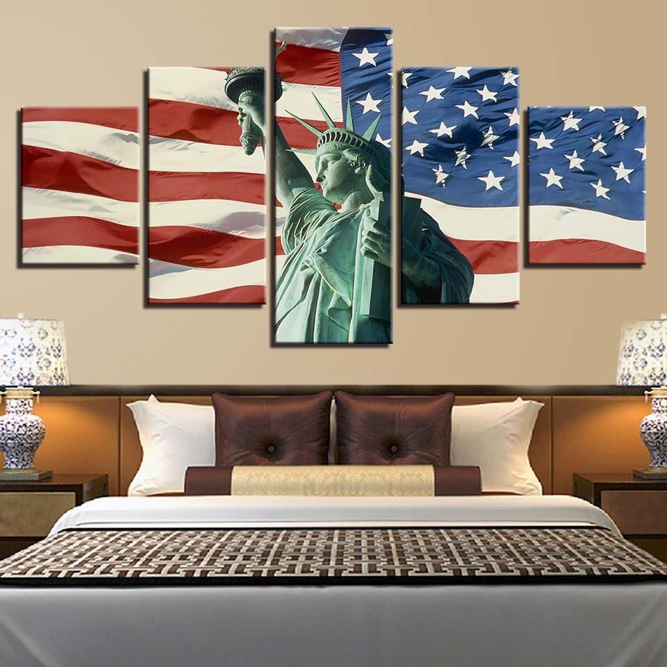 American Flag & Statue of Liberty 5 Piece HD Multi Panel Canvas Wall Art Frame-Original Frame