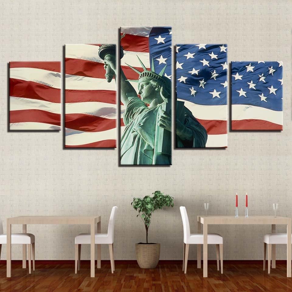 American Flag & Statue of Liberty 5 Piece HD Multi Panel Canvas Wall Art Frame-Original Frame