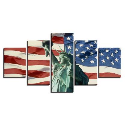 American Flag & Statue of Liberty 5 Piece HD Multi Panel Canvas Wall Art Frame-Original Frame