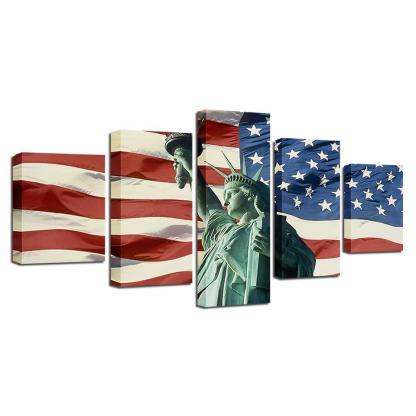 American Flag & Statue of Liberty 5 Piece HD Multi Panel Canvas Wall Art Frame-Original Frame
