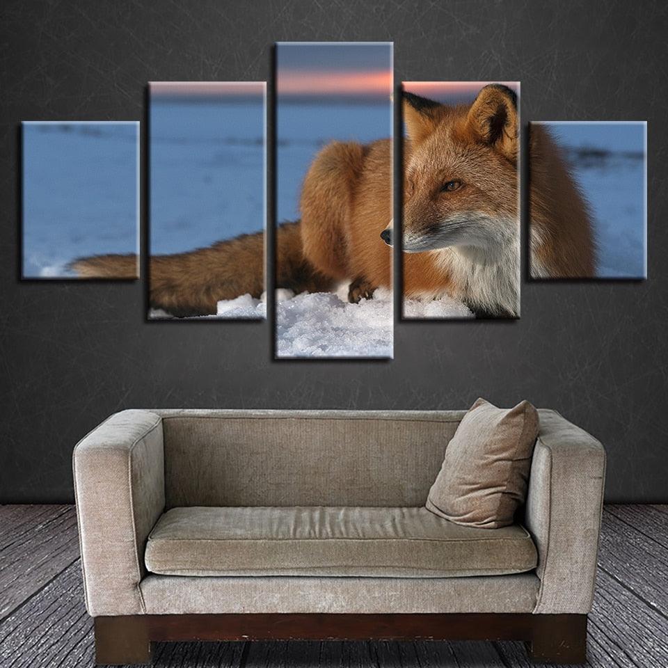 Winter Snow Fox 5 Piece HD Multi Panel Canvas Wall Art Frame-Original Frame