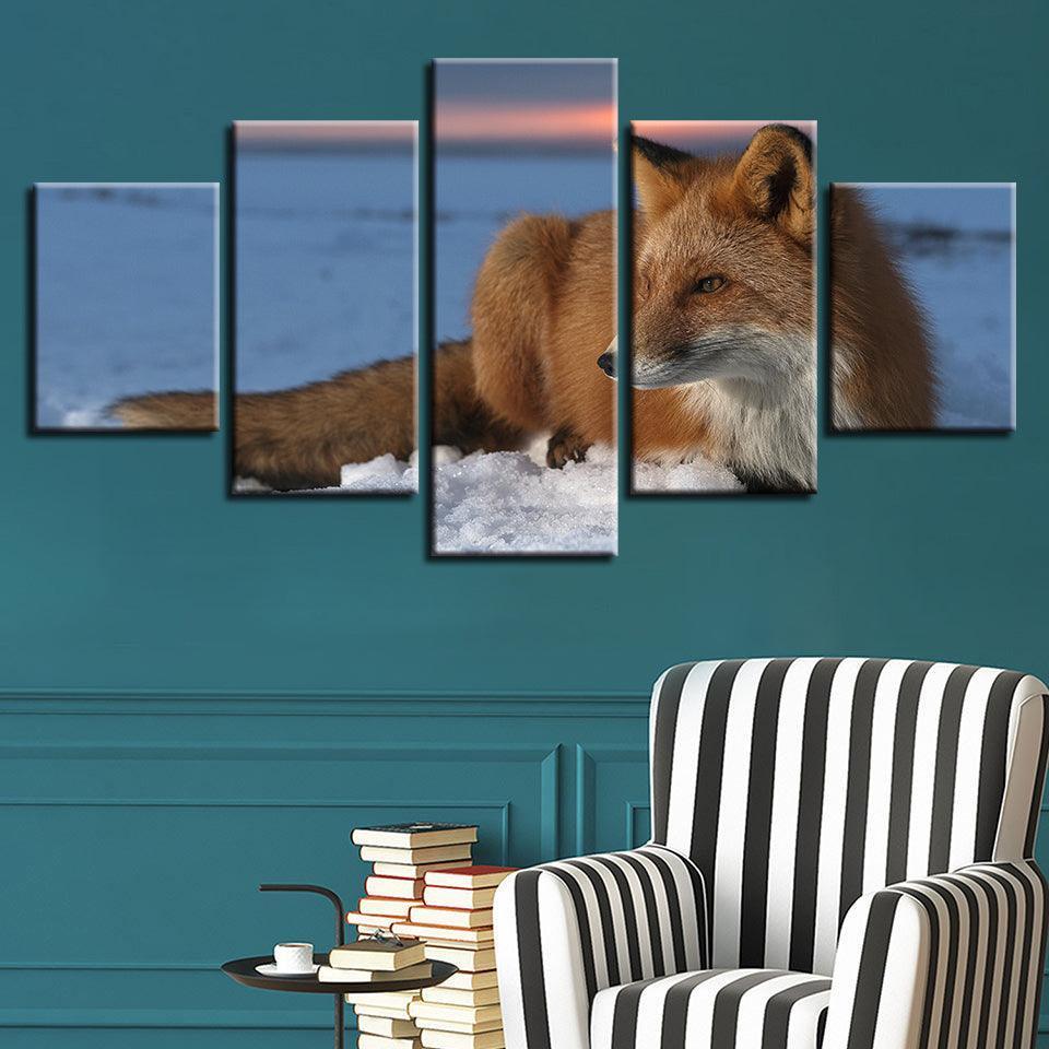 Winter Snow Fox 5 Piece HD Multi Panel Canvas Wall Art Frame-Original Frame