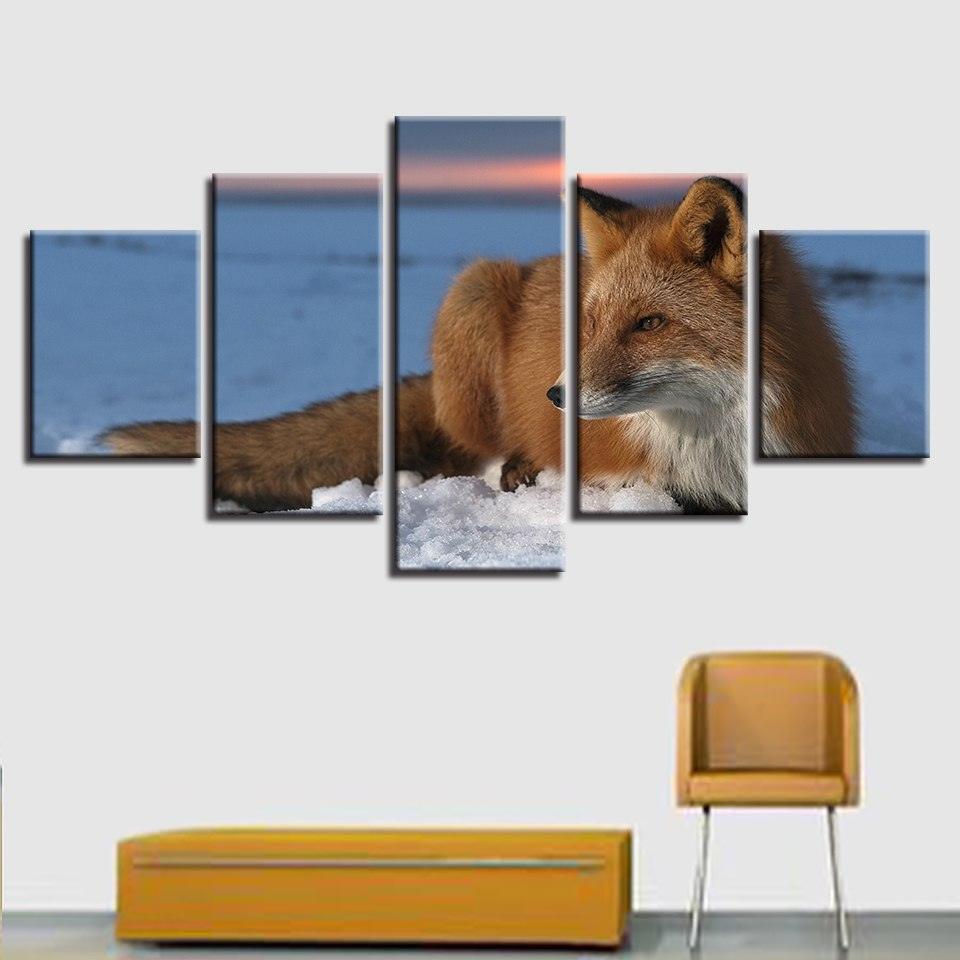 Winter Snow Fox 5 Piece HD Multi Panel Canvas Wall Art Frame-Original Frame