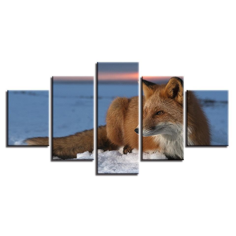 Winter Snow Fox 5 Piece HD Multi Panel Canvas Wall Art Frame-Original Frame
