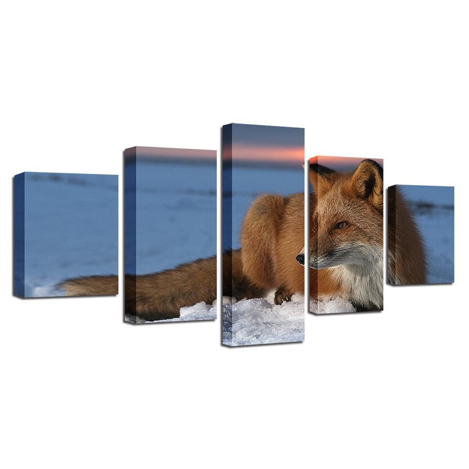 Winter Snow Fox 5 Piece HD Multi Panel Canvas Wall Art Frame-Original Frame