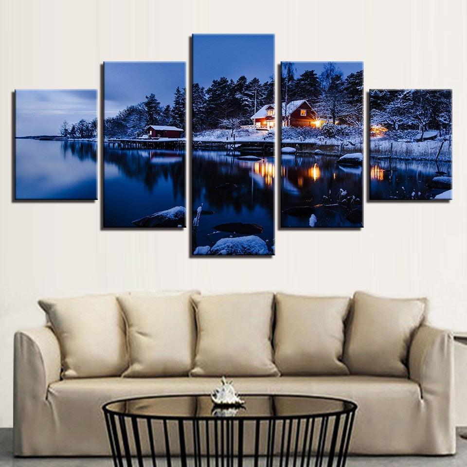 Cottage Snow Lake Night 5 Piece HD Multi Panel Canvas Wall Art Frame-Original Frame