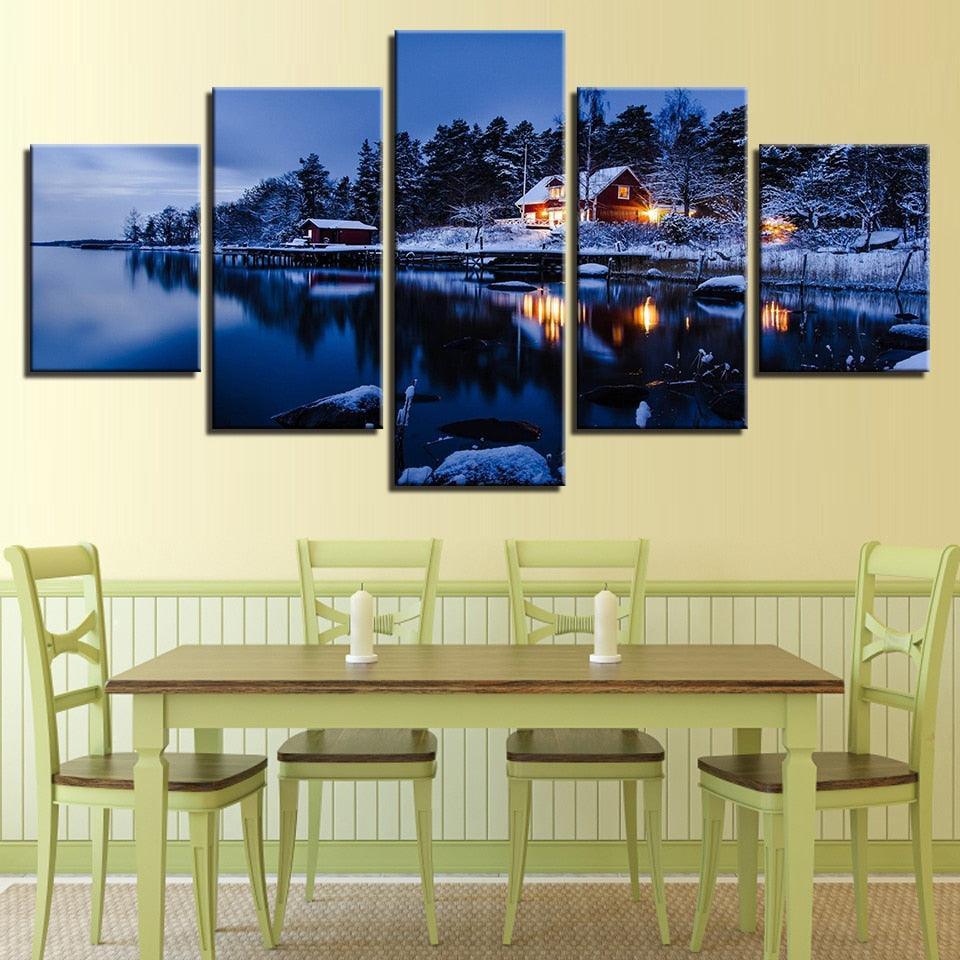 Cottage Snow Lake Night 5 Piece HD Multi Panel Canvas Wall Art Frame-Original Frame