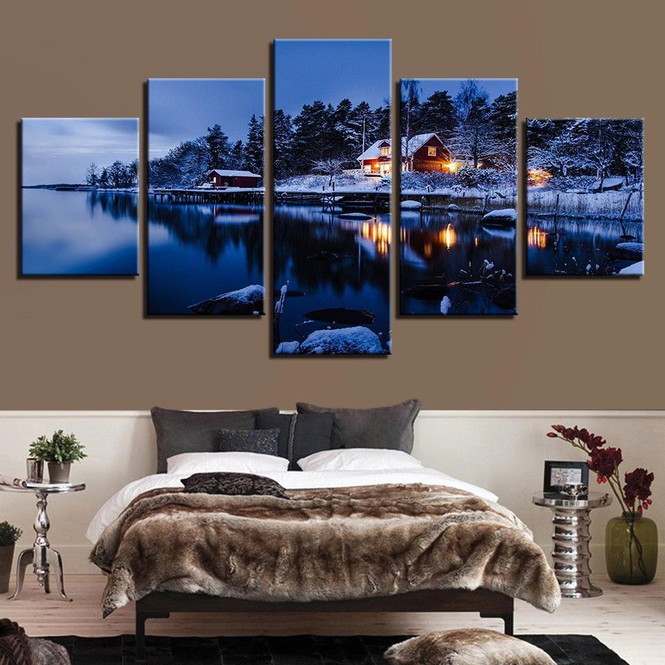 Cottage Snow Lake Night 5 Piece HD Multi Panel Canvas Wall Art Frame-Original Frame