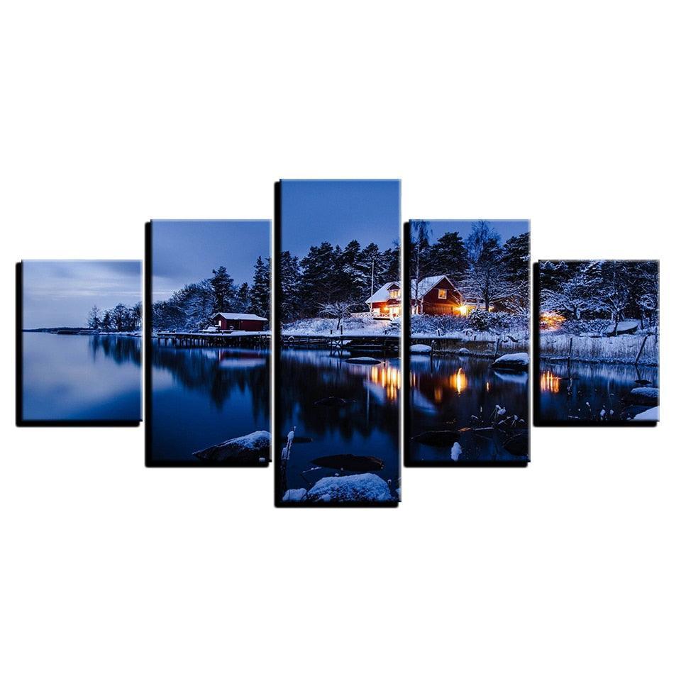 Cottage Snow Lake Night 5 Piece HD Multi Panel Canvas Wall Art Frame-Original Frame