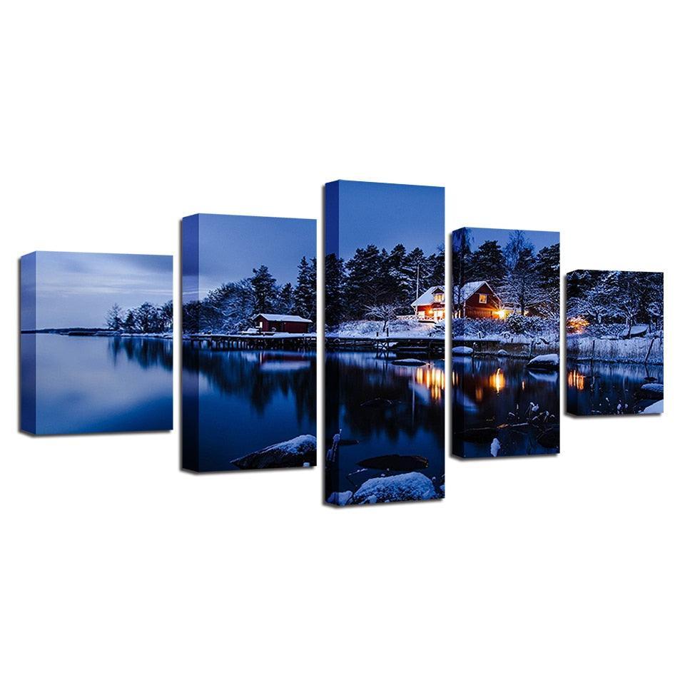 Cottage Snow Lake Night 5 Piece HD Multi Panel Canvas Wall Art Frame-Original Frame