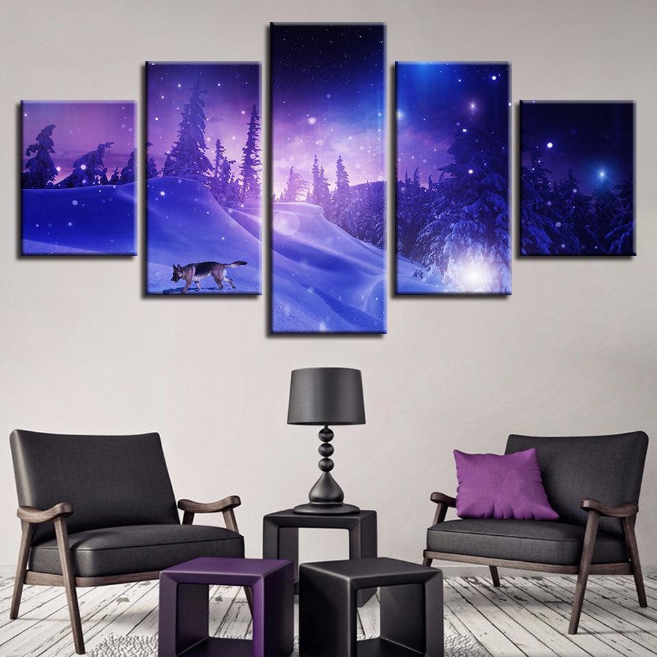 Snow Forest Wolf 5 Piece HD Multi Panel Canvas Wall Art Frame-Original Frame