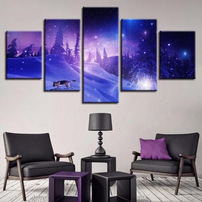 Snow Forest Wolf 5 Piece HD Multi Panel Canvas Wall Art Frame-Original Frame