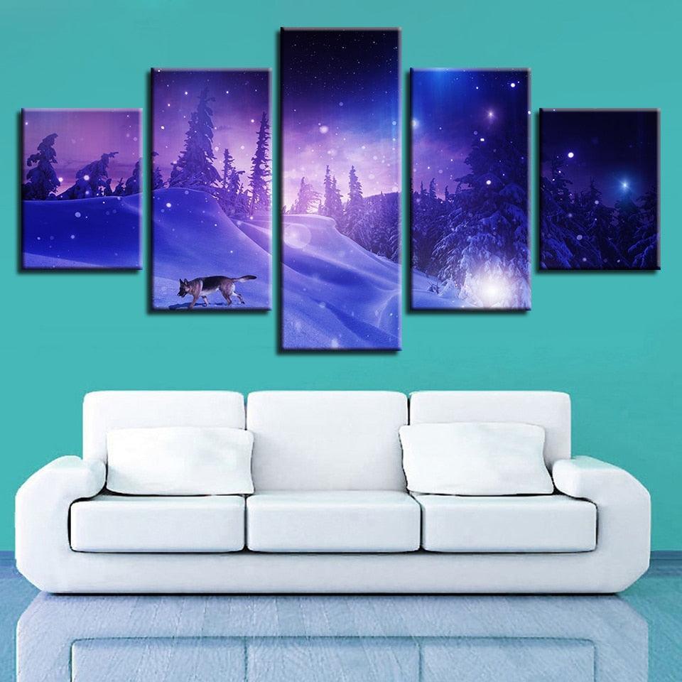 Snow Forest Wolf 5 Piece HD Multi Panel Canvas Wall Art Frame-Original Frame