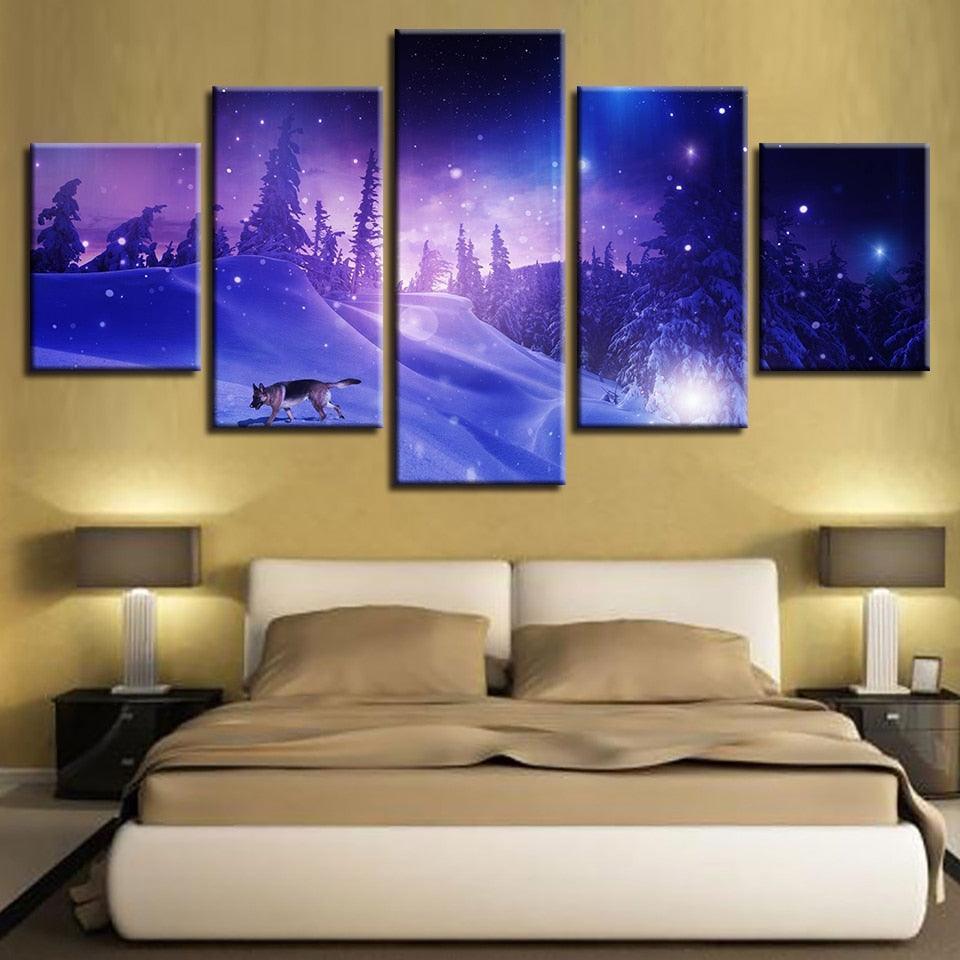 Snow Forest Wolf 5 Piece HD Multi Panel Canvas Wall Art Frame-Original Frame