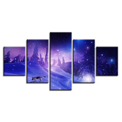 Snow Forest Wolf 5 Piece HD Multi Panel Canvas Wall Art Frame-Original Frame